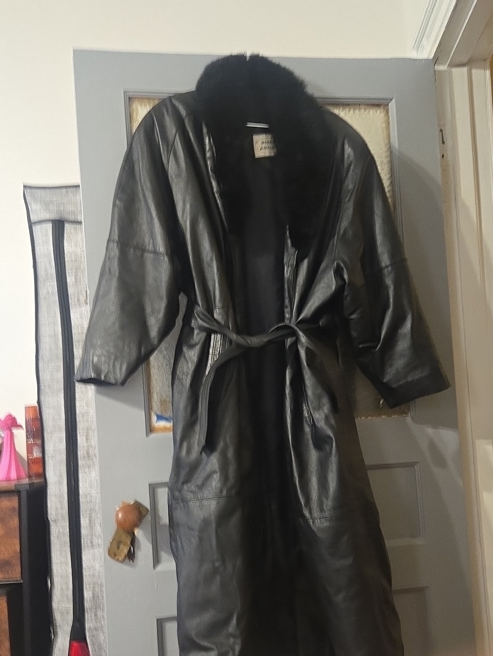Black Faux Fur Collar Leather Trench Coat - Women's Size L